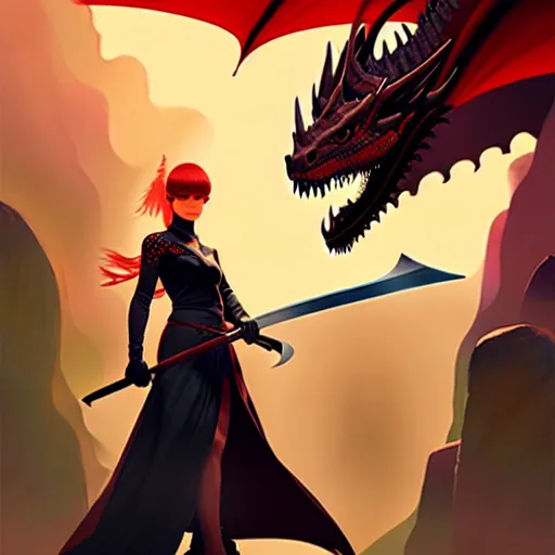 Image similar to a woman holding a sword with a dragon on it, concept art by Ilya Kuvshinov, contest winner, fantasy art, official art, concept art, high detail, experimental, high quality, hyperrealistic, 4k