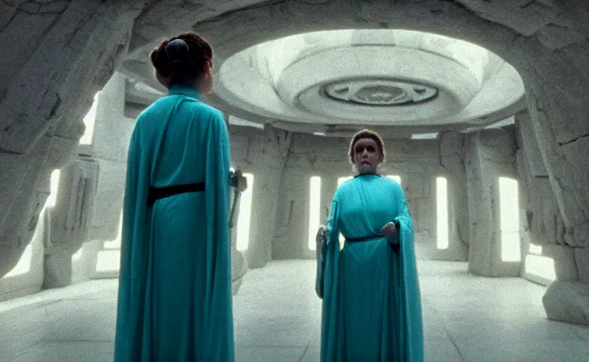 Prompt: screenshot portrait of Princess Leia alone in a teal Temple scene from the last jedi, 1980s film by Stanley Kubrick, 4k serene, iconic , photoreal portrait Carrie fischer, detailed face, moody lighting stunning cinematography, hyper detailed, sharp, anamorphic lenses, kodak color film