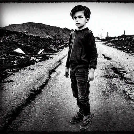 Image similar to black and white photo of boy standing in the middle of ruined road at war. ruined building around him. photorealistic, hyperrealistic, cinematic, artstation, octane render, 8 k
