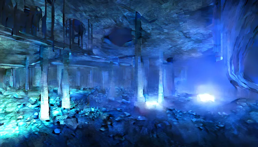 Image similar to Blue Glowing Gemstones in an abandoned old mine, Volumetric Lighting, Anamorpic Lens, Cinematic Lighting, Hyperrealistic Rendering, Hyperdetailed, Intricate Details, Dynamic Lights, Raytracing