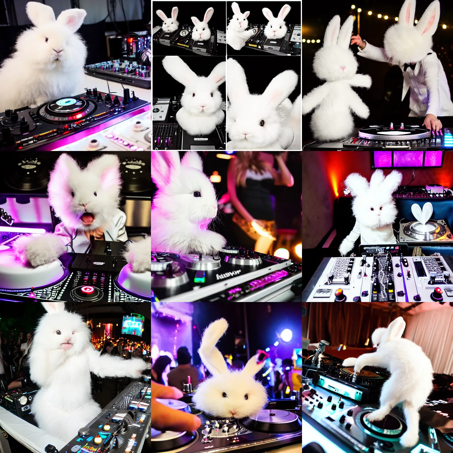 Prompt: super cute fluffy white bunny rabbit on a motorcycle DJing with DJ turntables, photoreal