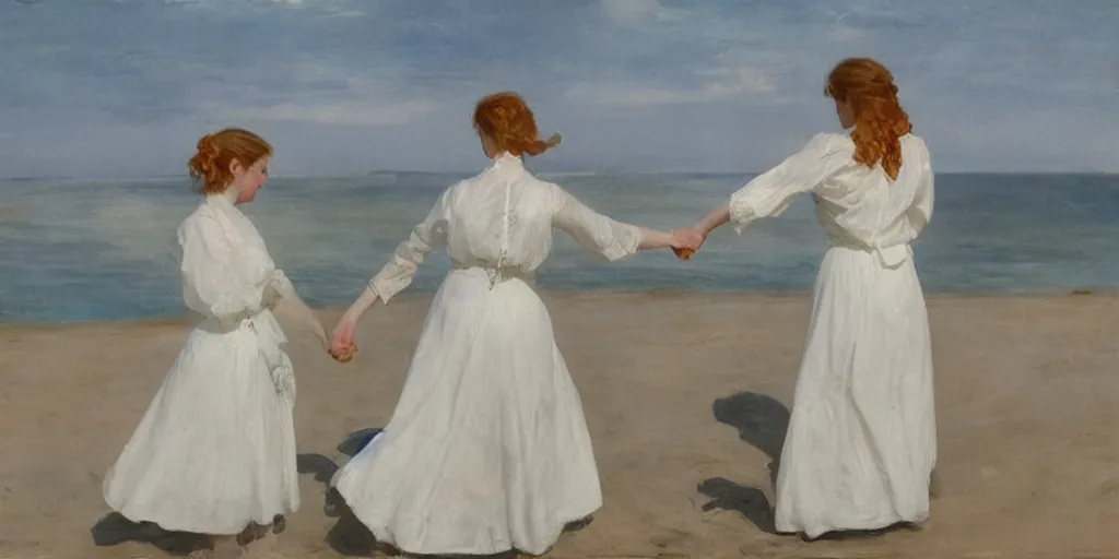 Image similar to two young edwardian women wearing white dresses hold hands on a beach in Sweden, in the style of Anders Zorn