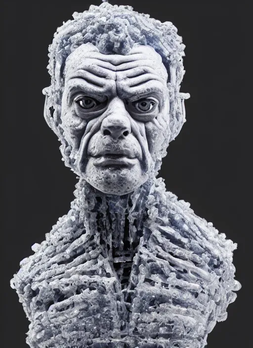 Prompt: a bust sculpture of anatomical detailed ice golem, rowan atkinson, blue blood, become human, ceramic base, orthographic, studio lighting