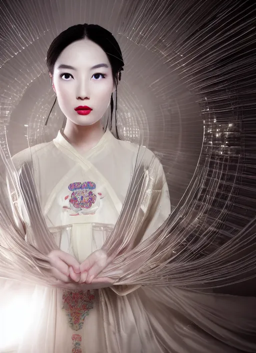 Image similar to photo shoot pose photo of beautiful Chinese ancient princess standing in the corridor in the space ship, symmetrical face, big eyes and lips, looking down, subtle makeup, clean face and body skin,ecstatic expression, ornamental jewelry and ancient translucent clothes, futuristic space ship interrior, wires with lights,depth of field, lens flares, dust in the air, moody lighting, intricate, elegant, highly detailed, centered, smooth, sharp focus, Donato Giancola, Joseph Christian Leyendecker, WLOP, Boris Vallejo, Artgerm moody photography, old photo, black and white, sepia, cinematic lighting, cinematic angle, editorial photography