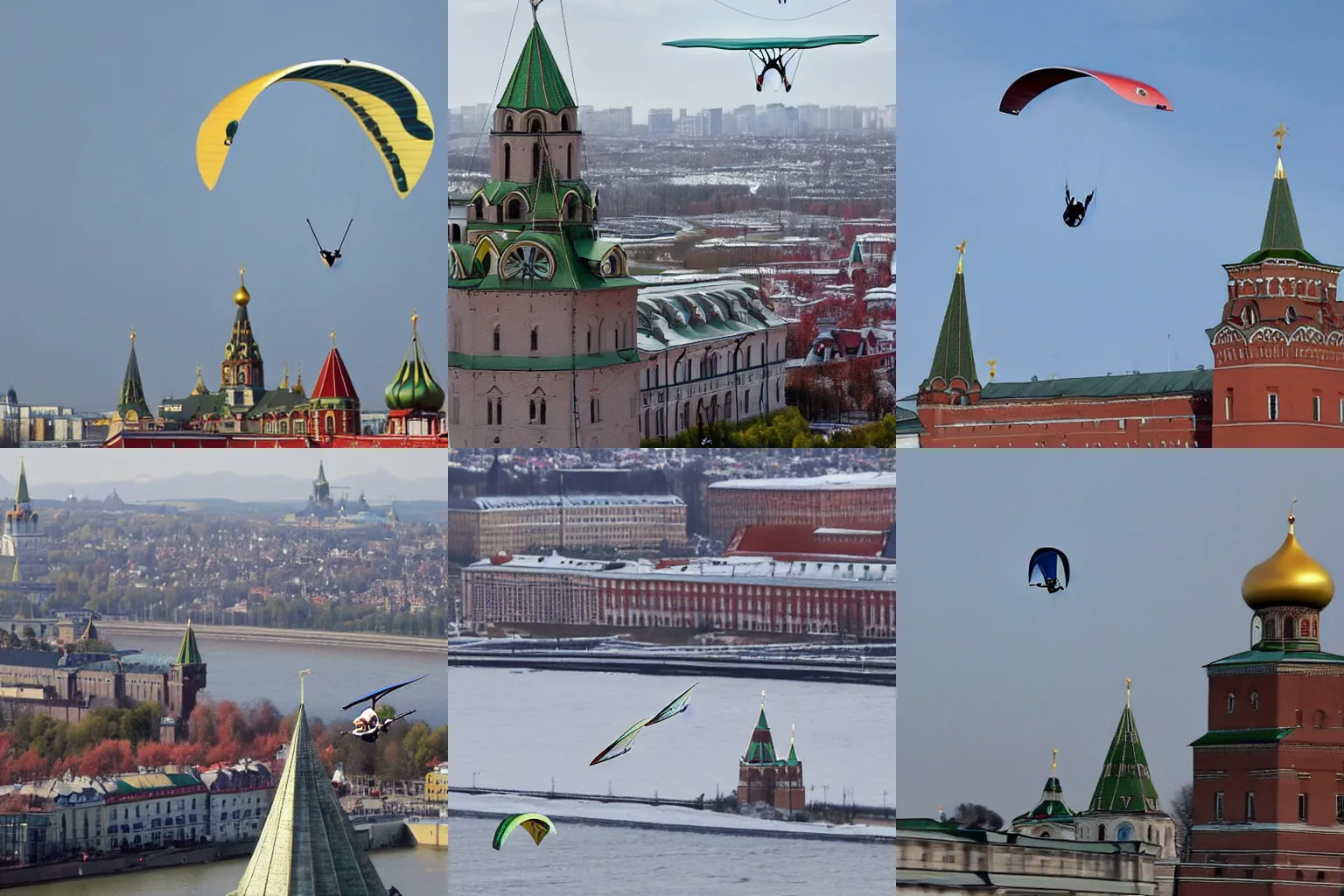 Prompt: Valery Leontiev flies a hang glider past the Kremlin