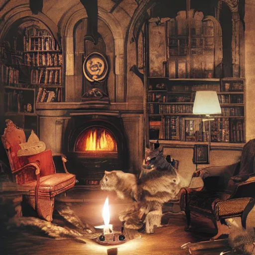 Image similar to A photograph of the Gryffindor common room, cozy arm chairs, a fire burning in the hearth, high ceilings, lit by many candles, light rays, magic aura, bloom, mysterious, a bat kitten sits there