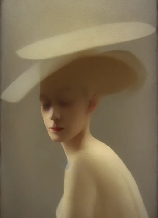 Prompt: out of focus photorealistic portrait of a beautiful!!!! pale young woman by sarah moon, very blurry, translucent white skin, closed eyes, foggy, closeup, with a weird hat