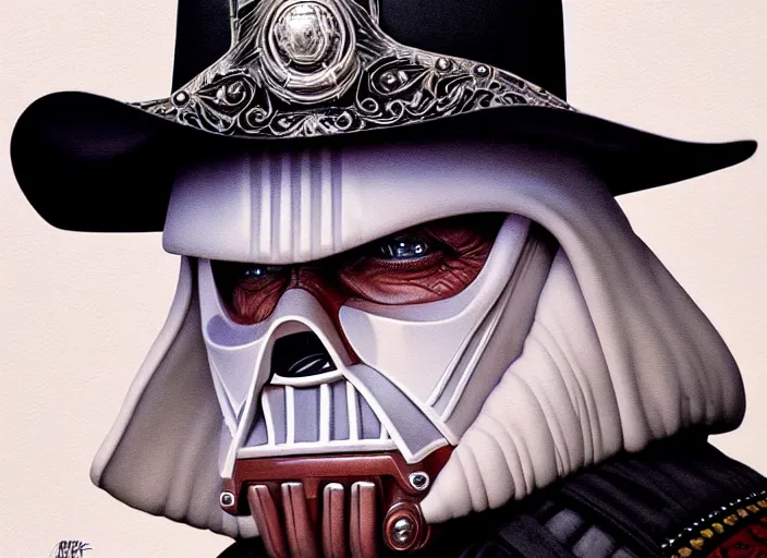 Image similar to portrait shot of white darth vader dressed like a texas sheriff wearing a cowboy hat, intricate, elegant, highly detailed, centered, digital painting, artstation, concept art, smooth, sharp focus, illustration, artgerm, tomasz alen kopera, peter mohrbacher, donato giancola, joseph christian leyendecker, wlop, boris vallejo