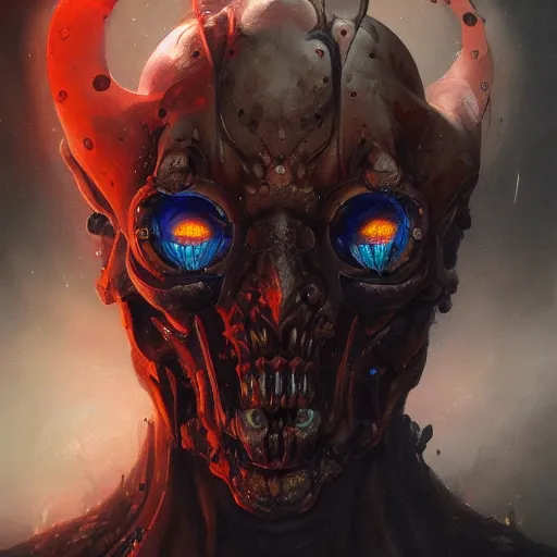 Image similar to portrait of a nightmarish cybernetic duke of hell, cyberpunk concept art by pete mohrbacher and seb mckinnon and beksinski and josan gonzales, digital art, highly detailed, intricate, sci-fi, sharp focus, Trending on Artstation HQ, deviantart, unreal engine 5, 4K UHD image