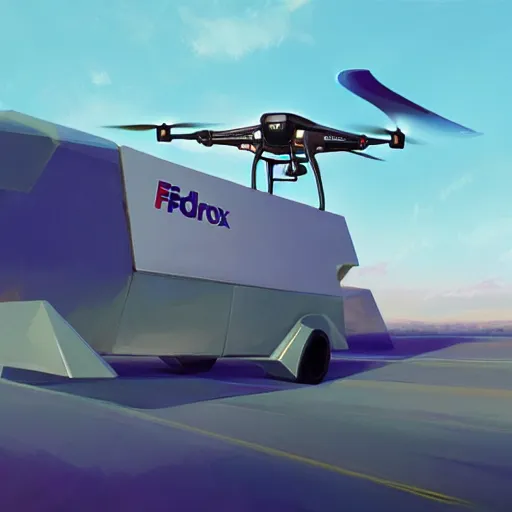 Prompt: flying drone fedex delivery vehicle from far future, by rhads and beeple, concept art, artstation, vray