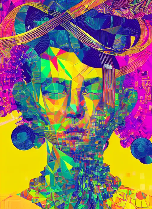 Prompt: portrait of a lowpoly fractal rave girl with musicassette ribbon hair, glitch art by kurt schwitters james jean liam brazier victo ngai tristan eaton, yellow violet black