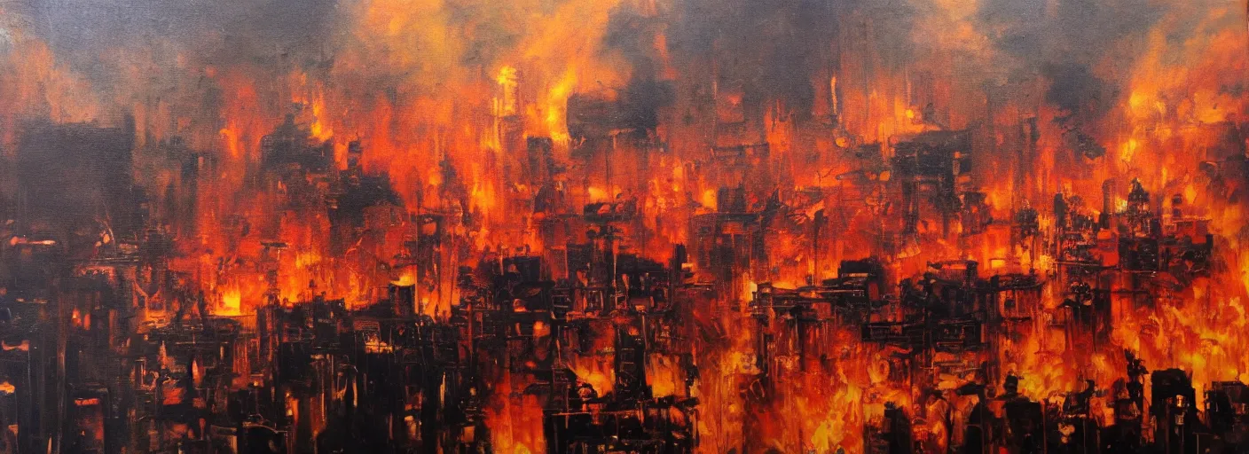 Prompt: a city on fire, oil on canvas