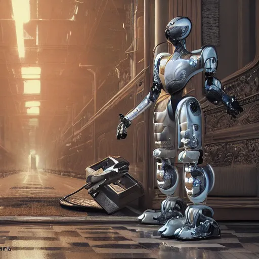 Image similar to robot forces human to clean up aisle at walmart digital art, 3 d high definition, trending on artstation, photorealistic, high resolution, 8 k, octane, hyper detailed, trending on deviantart insane details, intricate, elite, ornate, elegant trend, highly detailed and intricate, sharp focus, photography, unreal engine