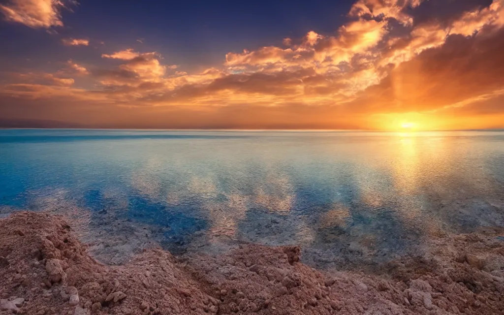 Prompt: the dead sea, beautiful sunset with colorful clouds, rays of sunshine, professional photo