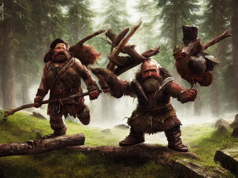 Image similar to Heroic Dwarf woodsmen treading forest with their Companion Raven, RPG Scene, Oil Painting, Trending on Artstation, octane render, Insanely Detailed, 8k, HD