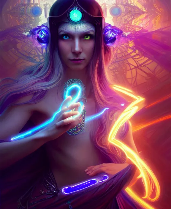 Image similar to a whirlwind of souls rushing inside the metaverse, half body, glowin eyes, tiara with sapphire, pharaoh, android, cyberpunk, d & d, fantasy, intricate, elegant, highly detailed, colorful, vivid color, digital painting, artstation, concept art, art by artgerm and greg rutkowski and alphonse mucha and ruan jia