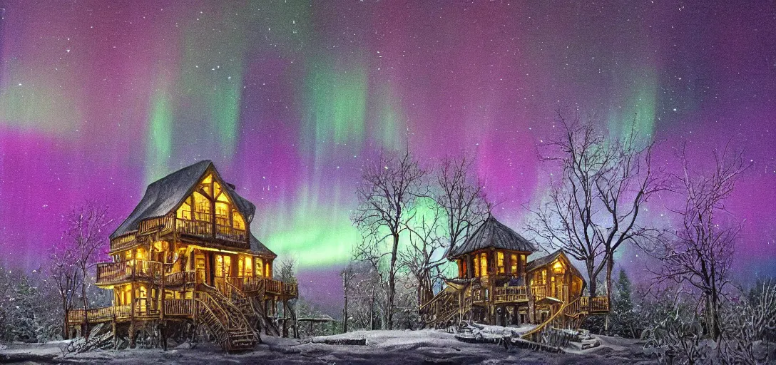 Prompt: big cozy tree houses, ornate details, snowy field, intricate, night, rainbow aurora, classic painting, award winning, highly detailed