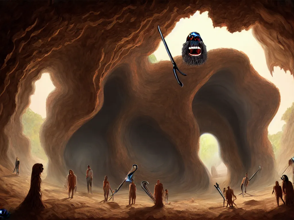 Prompt: a painting of a human of a big mouth turns into a cave with strange bearded beings with scythes, 4 k, art by miguel alandia pantoja