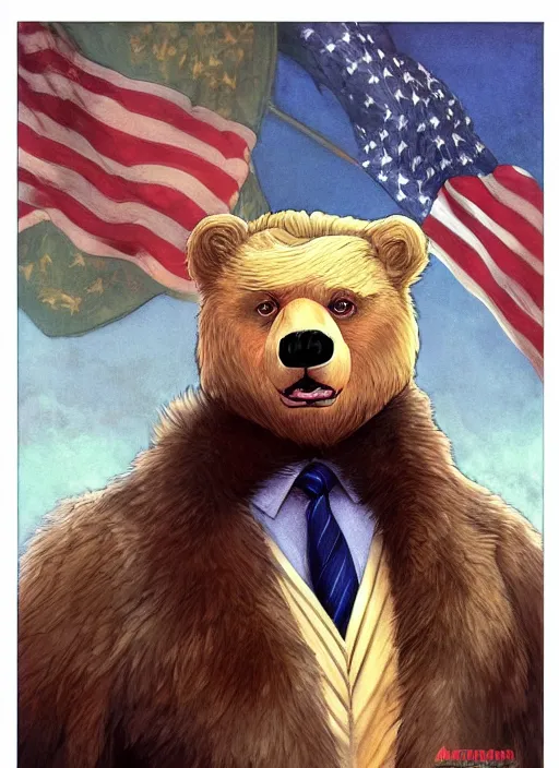 Image similar to donald trump in a bear fursona suit, by artgerm, by mucha, by greg rutkowski