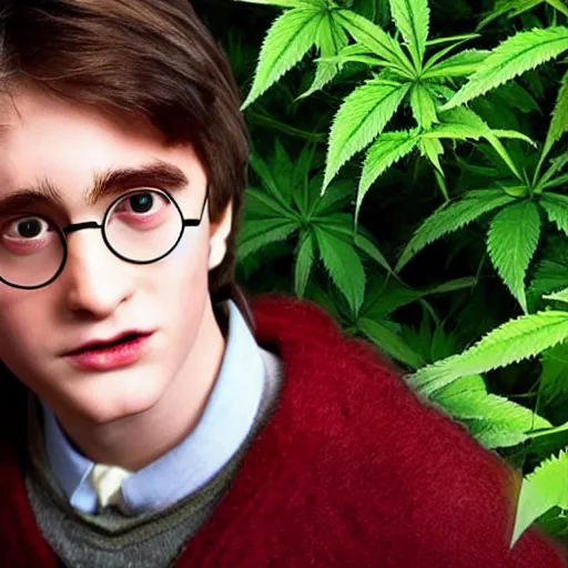 Image similar to harry potter surrounded by green dense weed kush plants, smoke in front, smoke behind, smoke background, red eyes, smoking weed