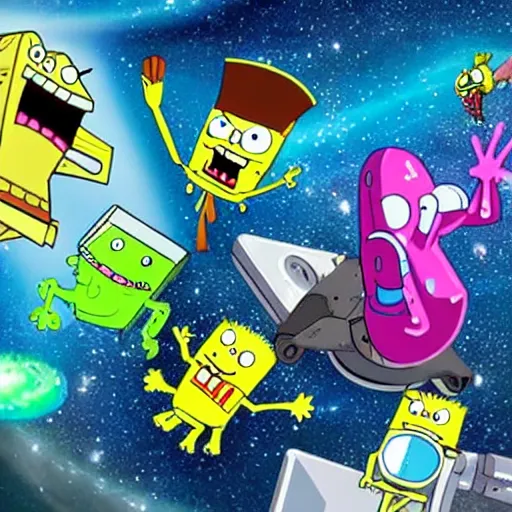 Prompt: the avengers battle spongebob squarepants in space, galaxy, hd, explosions, gunfire, lasers, spatula, giant, epic, showdown, colorful