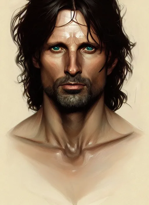 Prompt: symmetry!! portrait of aragorn, intricate, elegant, highly detailed, digital painting, artstation, concept art, smooth, sharp focus, illustration, art by artgerm and greg rutkowski and alphonse mucha