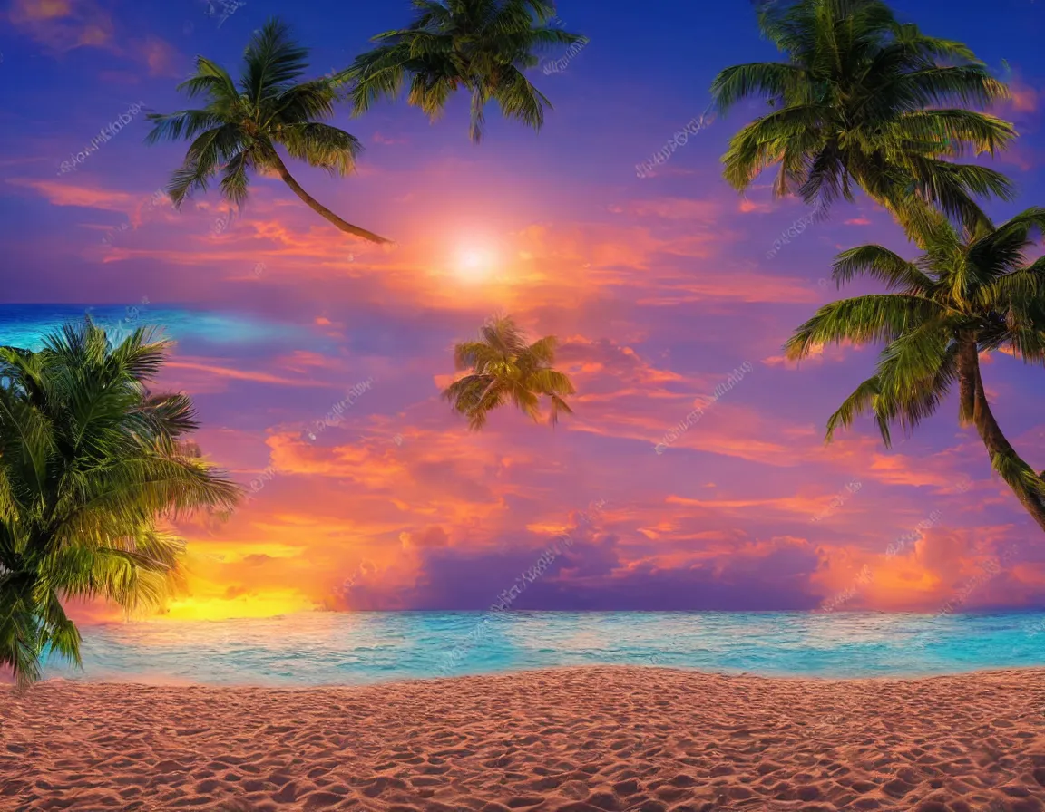 Image similar to photo of ultra realistic heart / shaped sandy beach island with one exotic palm tree, sunset lighting