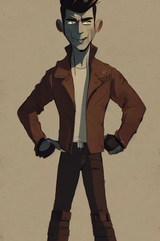 Prompt: a contract killer named cobalt who wears a brown leather jacket. art by cory loftis.