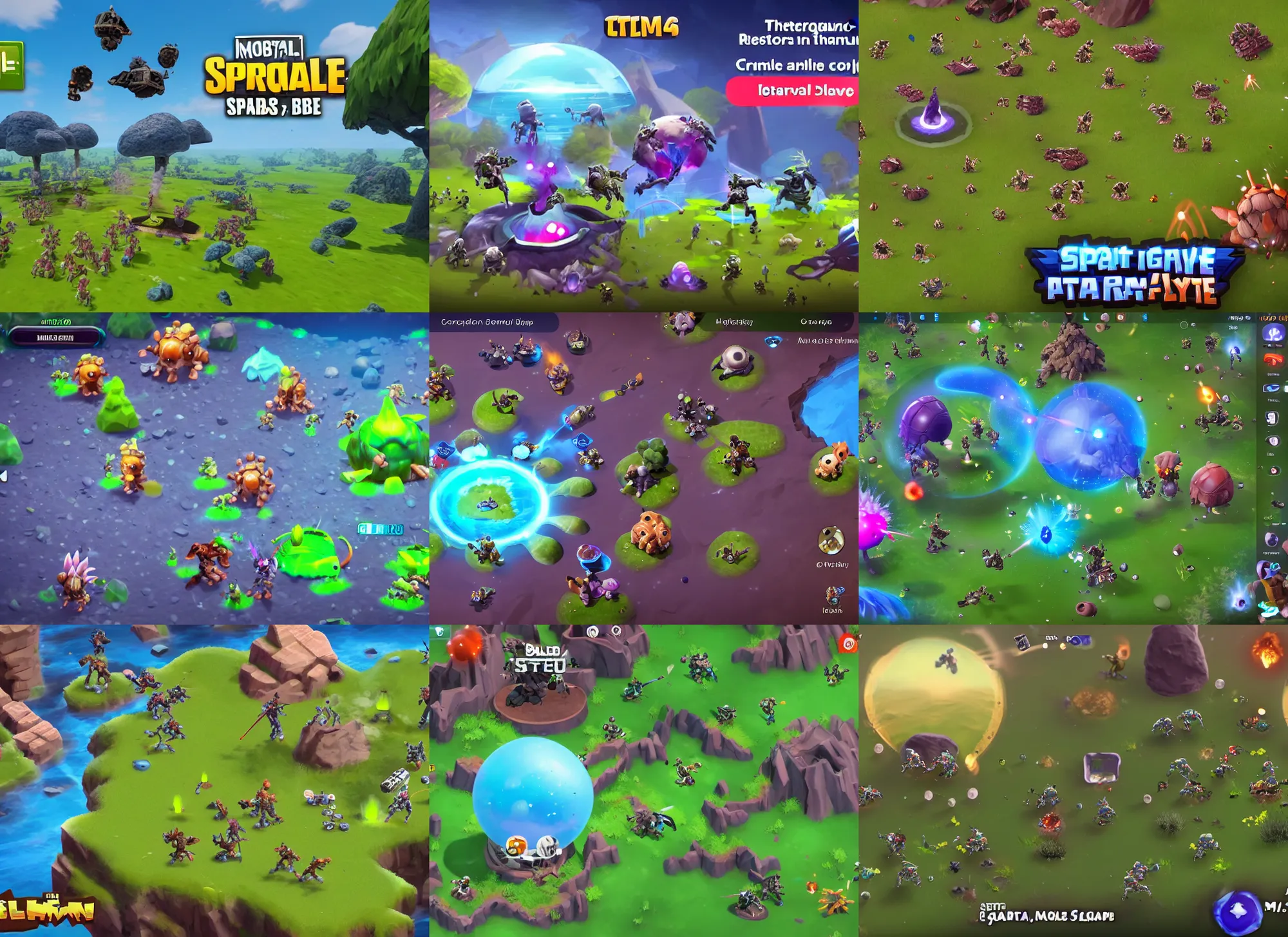Prompt: epic fight between last two squads in mobile battle royale game about cute alien little animals that landed on a planet with different biomes, craters, alien capsules, bushes in the visual style of Spore and Eternal Cylinder, world curvature, game overlay, hp mp stamina bars, 3rd person camera