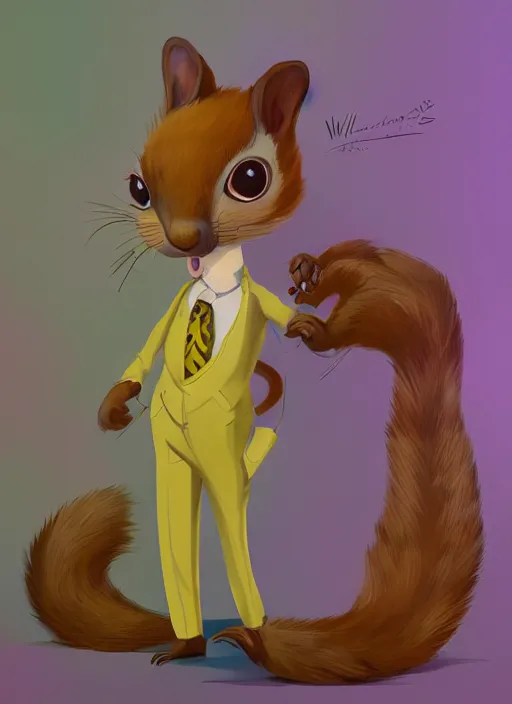 Image similar to squirrel anthro as a dapper bartender with a big, fluffy tail, retro futurism, art deco, detailed painterly digital art by WLOP and Cory Loftis, 🍋, furaffinity, trending on artstation