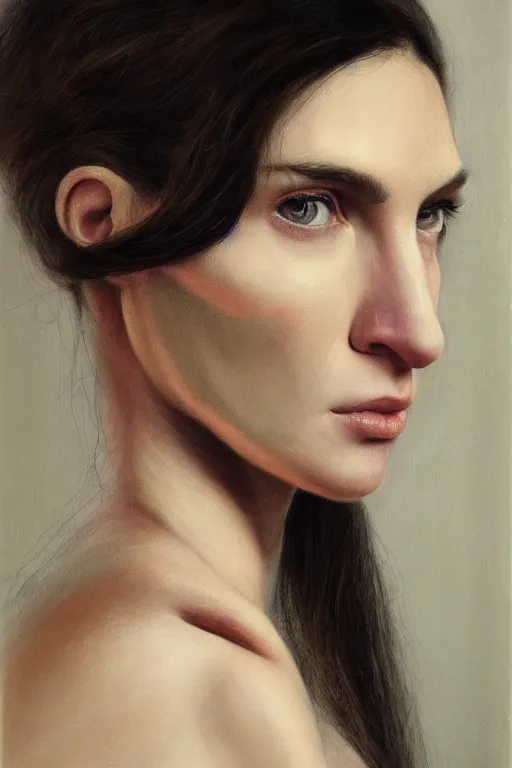 Prompt: hyperrealism close-up portrait of beautiful biomechanic woman, beautiful cheekbones, pale skin, in style of classicism