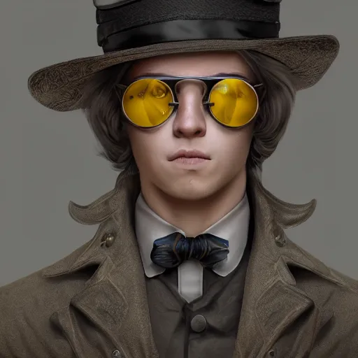 Prompt: a highly detailed Portrait of a young man with yellow hair, dark round steampunk glasses on his forehead, Victorian style costume, steampunk, artstation, DeviantArt, professional, octane render