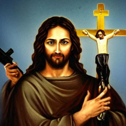 Image similar to jesus christ holding 2 guns