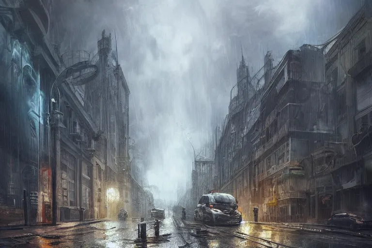 Prompt: the post-apocalyptic streets of London during a heavy thunderstorm, concept art, hyperdetailed, trending on artstation