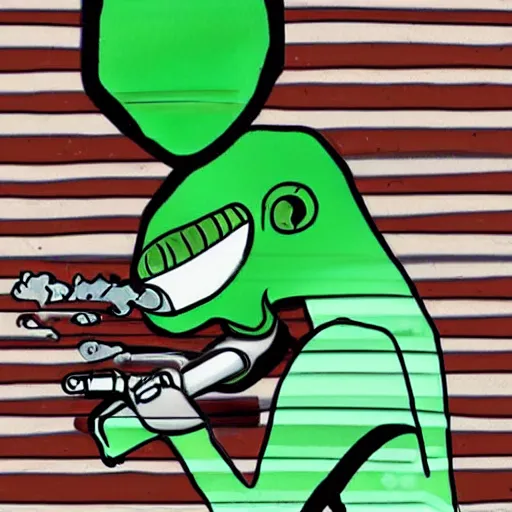 Prompt: Green alien dressed as a trucker smoking a cigarette