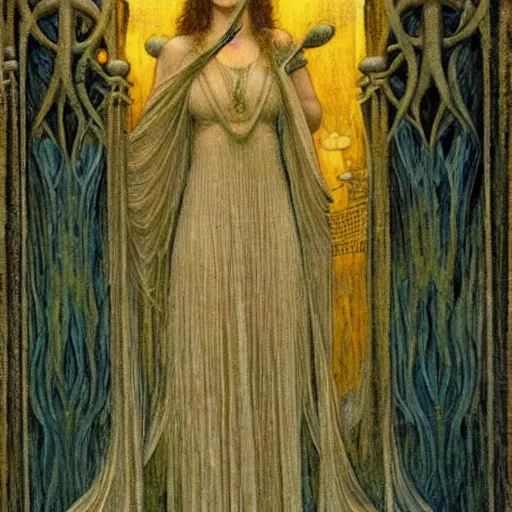 Image similar to a beautiful young medieval queen by jean delville, art nouveau, symbolist, visionary, gothic