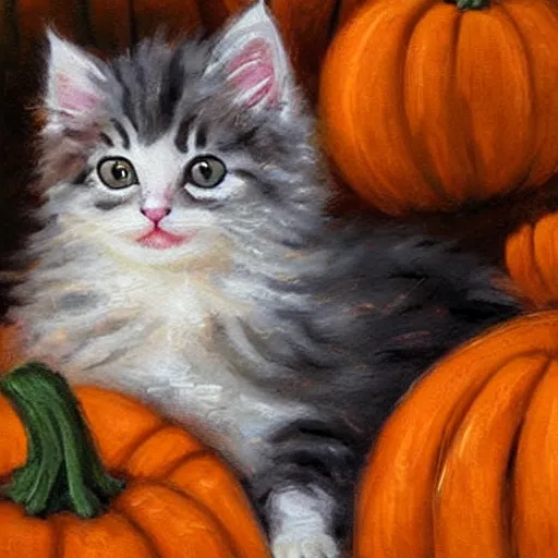 Image similar to a cute fluffy kitten amidst piles of pumpkins. halloween autumn fall art. beautiful painting by henriette ronner - knip and artgerm and greg rutkowski