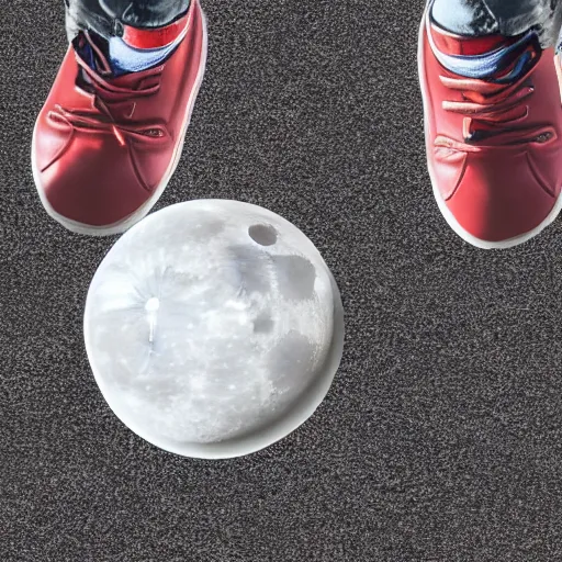 Image similar to photo of vinyl plastic painted toy grey moon face with craters with hands standing on legs wearing sneakers