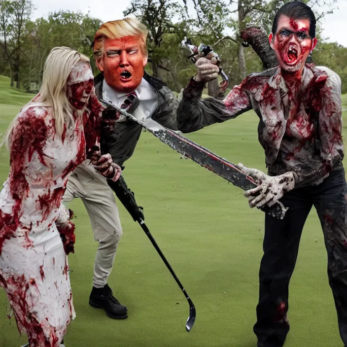 Prompt: zombie donald trump jr. and his chainsaw wielding sister zombie ivanka are eating trump voters on the golf course. professional photography