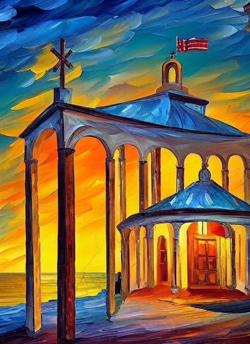 Image similar to beautiful seaside greek chapel in village at sunset in the style of leonid afremov