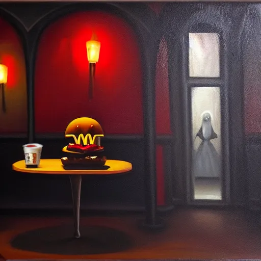 Image similar to dark, gothic, vampire, mcdonalds restaurant, oil painting