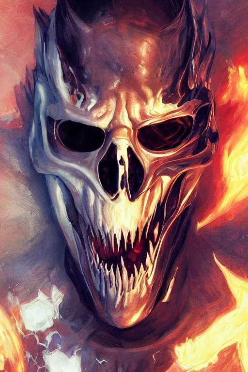 Prompt: Portrait of Ryan Gosling as Ghost Rider, half human face, marvel, dark, intricate, highly detailed, smooth, artstation, digital illustration by Ruan Jia and Mandy Jurgens and Artgerm and Wayne Barlowe and Greg Rutkowski and Zdislav Beksinski