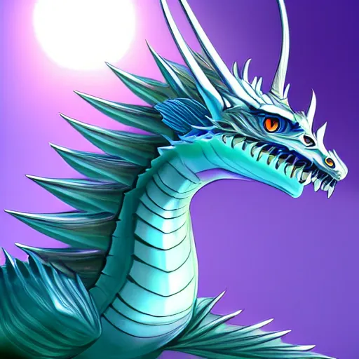 Prompt: a 128 foot tall elegant female silver western dragon with purple accents, having a 360 foot long wingspan; The scales smooth and streamlined, while having a sleek and sharp crest; two eyes bright blue; the snout sharp and pointed, yet sleek and elegant; close-up bust; deviantart, furaffinity