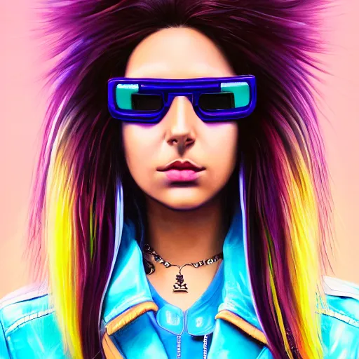 Prompt: closeup painting of a very beautiful young mexican cyberpunk woman with a smirk, light blue retro shades, and a purple coloured leather jacket, one side haircut, long brown hair with light blue ends, portrait, sci - fi, hyperdetailed, artstation, cgsociety, synthwave by tangerine dream, by jean - michel jarre, by vangelis, by john carpenter