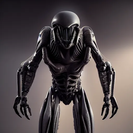 Image similar to futuristic xenomorph alien robot, highly detailed, photorealistic shot, bright studio setting, studio lighting, crisp quality and light reflections, unreal engine 5 quality render