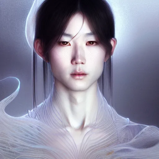 Image similar to ultra realistic illustration, a japanese male digital ghost, transparent, static, intricate, elegant, highly detailed, digital painting, artstation, concept art, smooth, sharp focus, illustration, art by artgerm and greg rutkowski and alphonse mucha