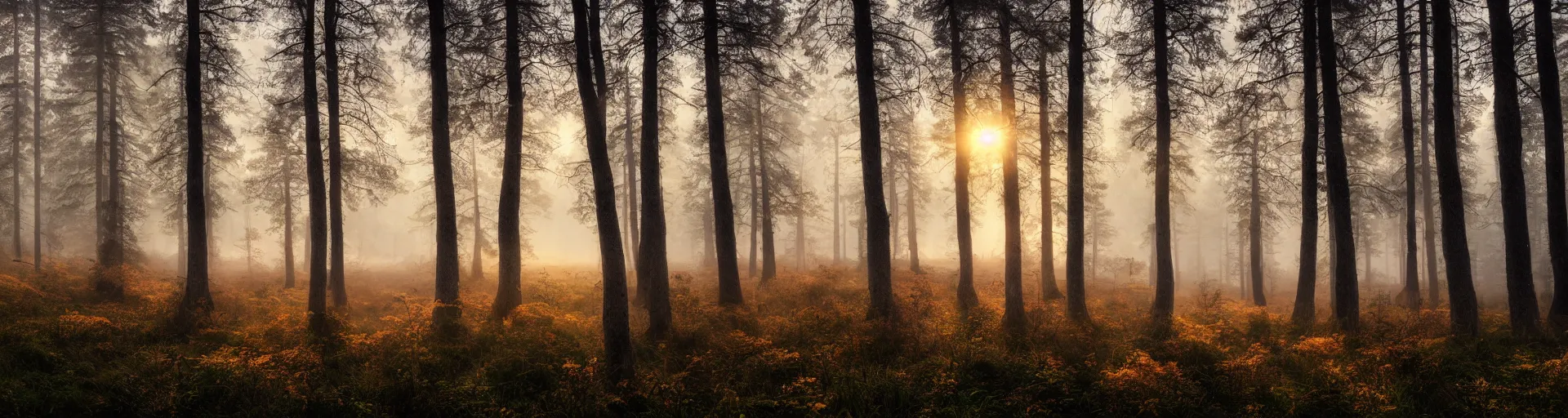 Prompt: beautiful foggy forest landscape of sweden with a majestic sunrise, art, high detail, high definition, photorealistic, hdr,