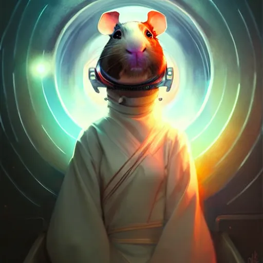 Image similar to cute anthropomorphic cyborg guinea pig full in kimono in a spaceship, body portrait, divine lightning, by greg rutkowski, by charlie bowater