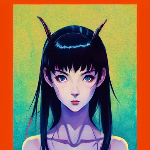 Prompt: A demon girl with big and cute eyes, || VERY ANIME, fine-face, realistic shaded perfect face, fine details. Anime. realistic shaded lighting poster by Ilya Kuvshinov katsuhiro otomo ghost-in-the-shell, magali villeneuve, artgerm, Jeremy Lipkin and Michael Garmash, Rob Rey and Kentarõ Miura style, trending on art station