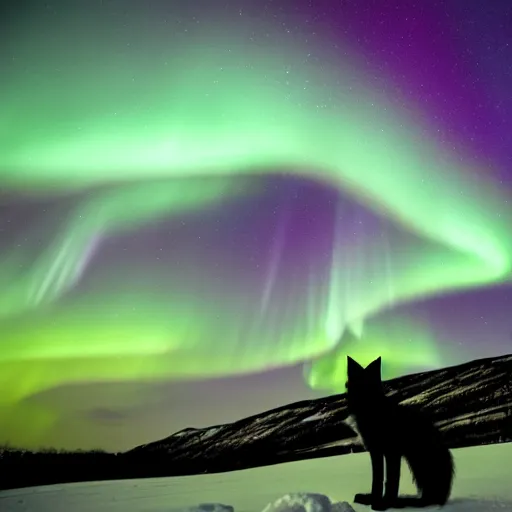 Prompt: A almost eluding image of a silhouette fox against a backdrop of the northern lights.